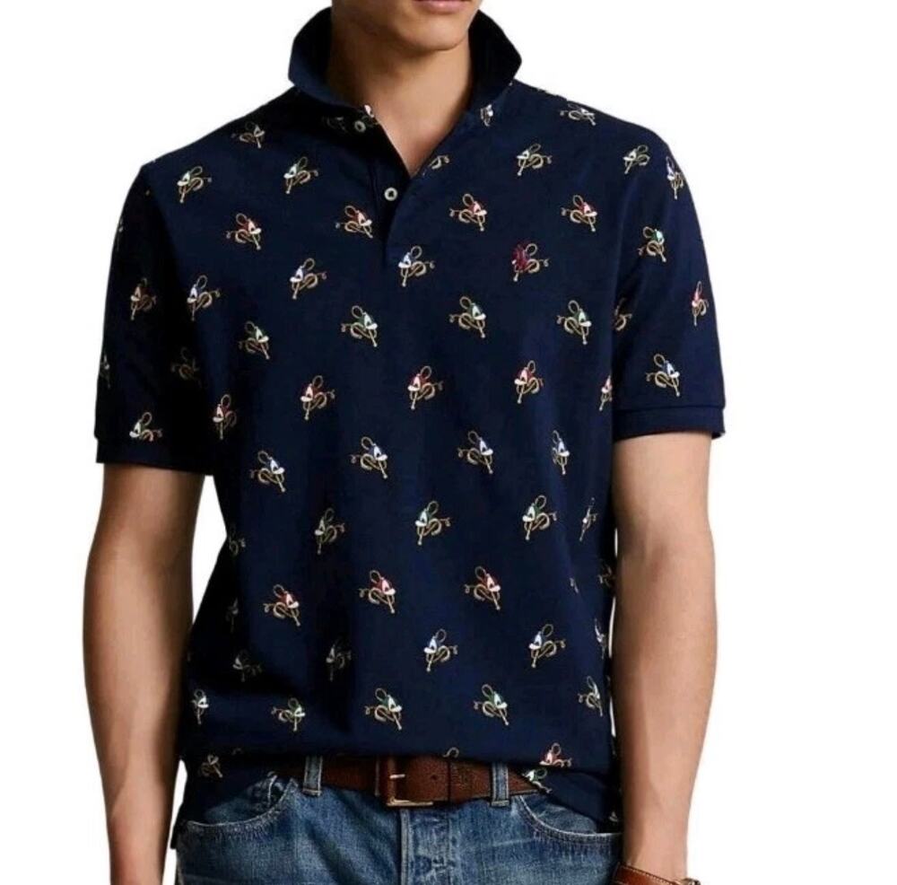 Polo Ralph Lauren XXL Classic Fit Navy Equestrian Horse Jockey Print Polo Shirt